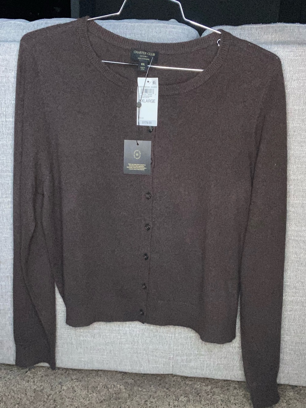 Charter Club Luxury 100% Cashmere Coffee Bean Crewneck Cardigan— NEW!
